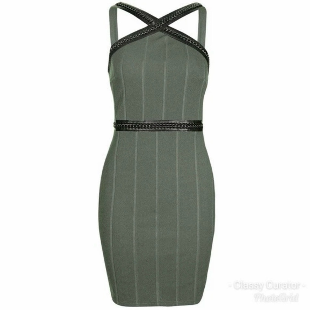 Topshop Olive Green Bodycon Leather Chain Dress Size 4